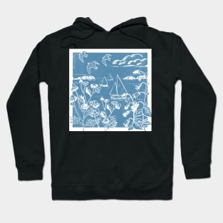 Seaside Linoprint of Sailing Boats and Blue Skies Hoodie